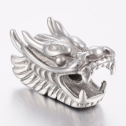 Stainless Steel Color 304 Stainless Steel European Beads, Large Hole Beads, Dragon Head, Stainless Steel Color, 28.5x15x17mm, Hole: 4mm
