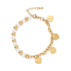 Golden 201 Stainless Steel Heart Padlock Charm Bracelet, Plastic Pearl Beaded Bracelet with Vacuum Plating 304 Stainless Steel Cable Chains for Women, Golden, 7-1/2 inch(19cm)