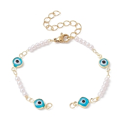 Golden Evil Eye Glass & Brass & ABS Imitation Pearl Beaded Bracelet Making, with Lobster Claw Clasp, Fit for Connector Charms, Golden, 6 inch(15.3cm)