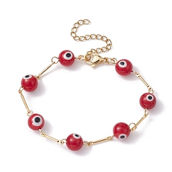 Red Lampwork Evil Eye Link Chain Bracelets, with Golden Brass Bar Link Chains, Red, 7 inch(17.8cm)