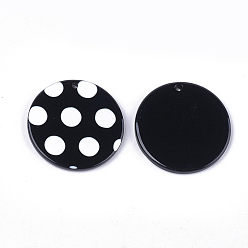 Black Cellulose Acetate(Resin) Pendants, Flat Round with Polka Dot, Black, 27.5x2.5mm, Hole: 1.4mm