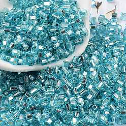 Sky Blue Glass Seed Beads, Silver Lined, Square, Sky Blue, 3~3.5x2.5~3x2.5~3mm, Hole: 1mm, about 10714pcs/pound