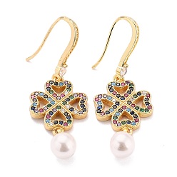 Colorful Clover Sparkling Cubic Zirconia Dangle Earrings for Her, Real 18K Gold Plated Brass Earrings with Acrylic Pearl Beads, Colorful, 47.5mm, Pin: 0.8mm