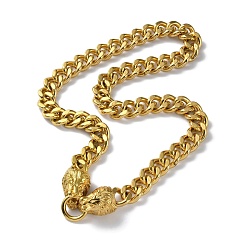Golden Ion Plating(IP) 304 Stainless Steel Cuban Link Chain Necklaces, with Lion Heads Clasp, Golden, 23.90 inch(60.7cm)