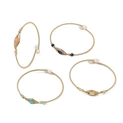 Golden Faceted Horse Eye Natural Mixed Stone Herringbone Wire-Wrapped Brass Open Cuff Bangles with Natural Pearl for Women, Golden, Inner Diameter: 2.36 inch(6cm)