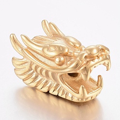 Golden 304 Stainless Steel European Beads, Large Hole Beads, Dragon Head, Golden, 28.5x15x17mm, Hole: 4mm