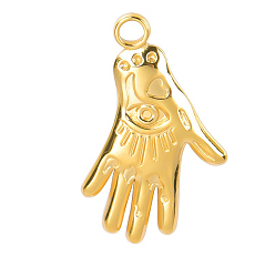 Golden Stainless Steel Pendants, Palm with Evil Eye Charms, Golden, 24x15x2mm, Hole: 2mm