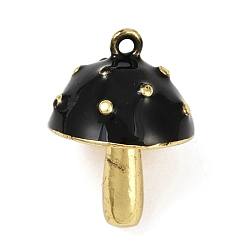 Черный Латунь эмаль подвески, грибное очарование, без свинца и без кадмия, реальный 18 k позолоченный, долговечный, стойки покрытие, чёрные, 20x15 мм, отверстие : 1.6 мм