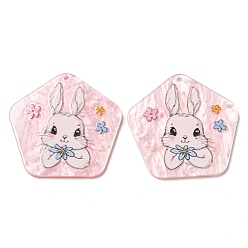 Pink Opaque Acrylic Pendants, Pentagon with Rabbit, Pink, 38x40x2.5mm, Hole: 1.6mm