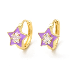 Violet Enamel Star Hoop Earrings with Clear Cubic Zirconia, Real 18K Gold Plated Brass Jewelry for Women, Cadmium Free & Nickel Free & Lead Free, Violet, 15.5x17.5x2.5mm, Pin: 1mm