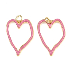 Pink Латунь эмаль подвески, сердце прелести, реальный 18 k позолоченный, стойки покрытие, долговечный, без кадмия и без свинца, розовые, 25x18x2 мм, отверстие : 3.5 мм