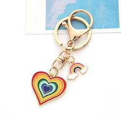 Red Zinc Alloy Enamel Rainbow Heart Keychain, with Metal Key Rings and Lobster Claw Clasps, Red, 9cm