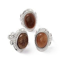 Goldstone Synthetic Goldstone Oval Adjustable Ring, Platinum Brass Wide Ring for Women, Cadmium Free & Nickel Free & Lead Free, US Size 7 3/4(17.9mm)