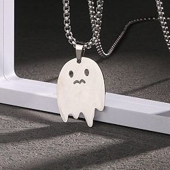 Stainless Steel Color Halloween Titanium Steel Ghost Pendant Necklace for Women, Stainless Steel Color, 27.56 inch(70cm)