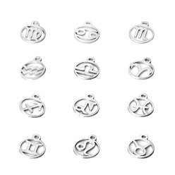 Constellation 201 Stainless Steel Charms, Flat Round with Twelve Constellation, 12 Constellations, 13.4x10.8x1mm, Hole: 1.5mm