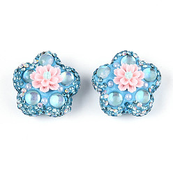 Небесно-голубой Полимерная глина в форме цветка со стразами, с жемчужиной из смолы и АБС-пластика, для ручек с бусинами, брелки, ювелирные изделия и ремесла, голубой, 25.5x26.5x18.5 мм, отверстие : 1.8 мм