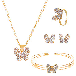 Butterfly Rhinestone Jewelry Set, Alloy Pendant Necklace & Stud Earring & Cuff Bangle & Adjustable Ring, Butterfly, 430~450mm, 12x12mm, Inner Diameter: 12mm, Inner Diameter: 51mm 