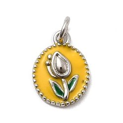 Желтый Латунь эмаль прелести, овальные с цветком, стойки покрытие, долговечный, без кадмия и без свинца, платина, с целью перехода в кольце, желтые, 11.5x8.5x2 мм, отверстие : 3.4 мм