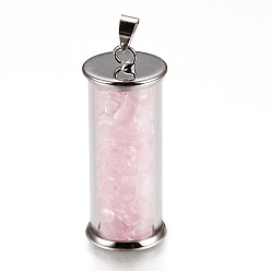 Rose Quartz Alloy & Glass Wish Bottle Pendants, with Natural Rose Quartz Chips, Platinum, Column, 35x13.5mm, Hole: 4x3.5mm