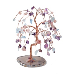 Mixed Stone Natural Amethyst & Aquamarine & Rose Quartz Chips and Natural Agate Pedestal Display Decorations, with Rose Gold Plated Brass Wires, Lucky Tree, 54~72x89~112x107~112mm