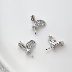 Platinum Brass Micro Pave Clear Cubic Zirconia Leaf Peg Bails Pin Charms, for Baroque Pearl Making, Platinum, 8x10mm