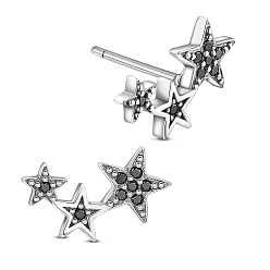 Antique Silver SHEGRACE 925 Thailand Sterling Silver Stud Earrings, with Grade AAA Cubic Zirconia, Star, Antique Silver, 12.2x7mm