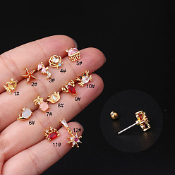 Золотой Серьга для хряща из латуни с микропаве из кубического циркония, с 316 l хирургическими штифтами из нержавеющей стали, морская звезда, золотые, 6 мм