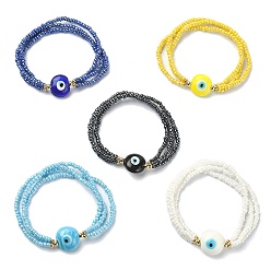 Mixed Color Glass Seed Beaded Triple Layer Stretch Bracelet with Lampwork Evil Eye, Mixed Color, Inner Diameter: 2 inch(5.1~5.2cm)