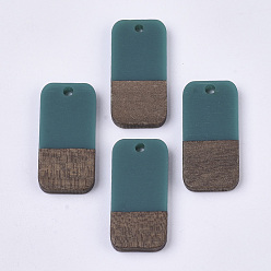 Teal Resin & Walnut Wood Pendants, Rectangle, Teal, 26.5x13x3~4mm, Hole: 1.8mm