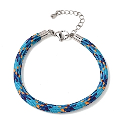 Deep Sky Blue Braided Round Polyester Cord Bracelet Makings, with Brass Findings and 202 Stainless Steel Lobster Claw Clasps, Stainless Steel Color, Deep Sky Blue, 7.28 inch(18.5cm)