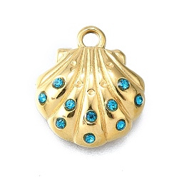 Индиколит 304 кулон из нержавеющей стали, со стразами, ионное покрытие (ip), формы раковины, реальный 14 k позолоченный, Indicolite, 14x12.5x3.5 мм, отверстие : 1.5 мм