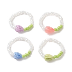 Mixed Color Flower Bud Synthetic Coral & Glass Seed Beaded Stretch Ring for Women, Mixed Color, Inner Diameter: 18mm