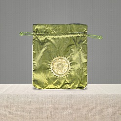 Yellow Green Chinese Style Brocade Drawstring Gift Blessing Bags, Jewelry Storage Pouches for Wedding Party Candy Packaging, Rectangle with Flower Pattern, Yellow Green, 18x15cm