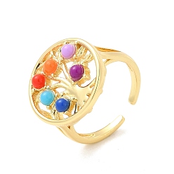 Golden Colorful Resin Beaded Tree of Life Open Cuff Ring, Brass Jewelry for Women, Golden, US Size 6 3/4(17.1mm)