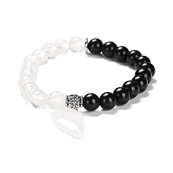 Хрусталь Эластичные браслеты с круглыми бусинами из натурального кварца и черного обсидиана, с половинчатыми сердечками, внутренний диаметр: 2-1/8 дюйм (5.5 см)
