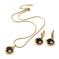 Black Moon & Flower Golden 304 Stainless Steel Jewelry Set with Enamel, Dangle Hoop Earrings and Pendant Necklace, Black, Necklaces: 402mm; Earring: 35x18mm