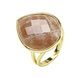 Sunstone Teardrop Natural Sunstone Open Cuff Rings, Golden Plated Brass Ring for Unisex, Inner Diameter: Adjustable