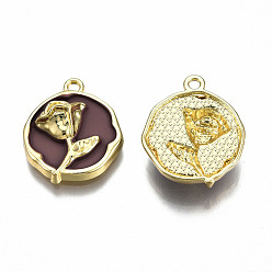 Rosy Brown Rack Plating Alloy Enamel Pendants, Cadmium Free & Lead Free, Light Gold, Flat Round with Rose, Rosy Brown, 21.5x18.5x5.5mm, Hole: 1.6mm