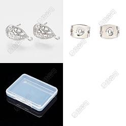 Real Platinum Plated 20PCS Brass Stud Earring Findings, with Loop, Teardrop, Nickel Free, with 20Pcs Brass Friction Ear Nuts, Real Platinum Plated, 13x7.5mm, Hole: 1mm, Pin: 0.8mm