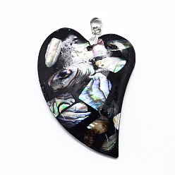 Coquille Paua Laiton paua coquille coeur gros pendentifs, non teint, 45~48x30~32x5mm, Trou: 4mm
