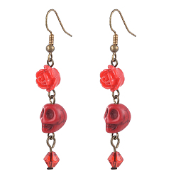 Red Halloween Synthetic Howlite Skull Dangle Earrings, with Resin Rose Flower, Glass Bicone Beads and Antique Bronze Plated Brass Earring Hooks, Red, 55mm, Pin: 0.6mm