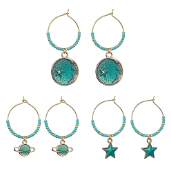 Turquoise Planet/Star/Flat Round Alloy Enamel Wine Glass Charms, with Glass Beads, Turquoise, 55~41.5mm, 3 pairs/set