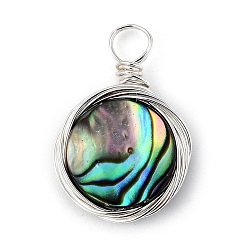 Silver Natural Abalone Shell/Paua Shell Pendants, with Copper Wire, Flat Round, Silver Color Plated, 17x10.5x2.5mm, Hole: 3mm