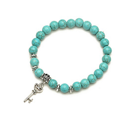key Turquoise Beaded Bracelet Set with Cross Pendant - Vintage Natural Stone Jewelry