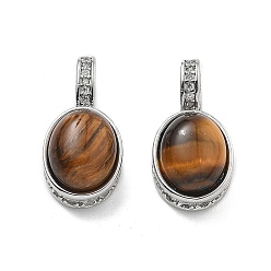 Платина Латунные подвески из тигрового глаза, прозрачные овальные подвески из кубического циркония, платина, 19.5x10x8.5 мм, отверстие : 4x5 мм