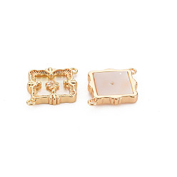 Real 18K Gold Plated Natural Freshwater Shell Link Connectors, with Brass Findings, Nickel Free, Square with Flower, Real 18K Gold Plated, 13.5x17x2.5mm, Hole: 0.9mm