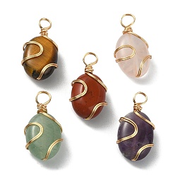 Mixed Stone Natural Mixed Gemstone Copper Wire Wrapped Pendants, Oval Charms, Golden, 19~20x10~10.5x6~6.5mm, Hole: 3.5mm