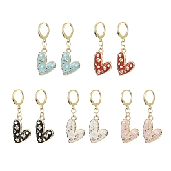 Mixed Color Alloy Enamel Heart Dangle Leverback Earrings, with Imitation Pearl Beaded, Mixed Color, 40x15mm