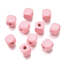 Pink Спрей окрашены деревянные бусины, квадратный, розовые, 10x10x10 мм, отверстие : 3 мм