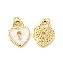 White Real 16K Gold Plated Brass Enamel Charms, with Jump Ring, Heart Lock Charms, White, 14.5x11.5x2mm, Hole: 3.5mm